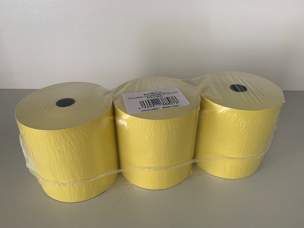 30 Gekleurde thermische rollen 80x80x12, 78 m, 55 g, zonder bisfenol-A (BPA), geel,