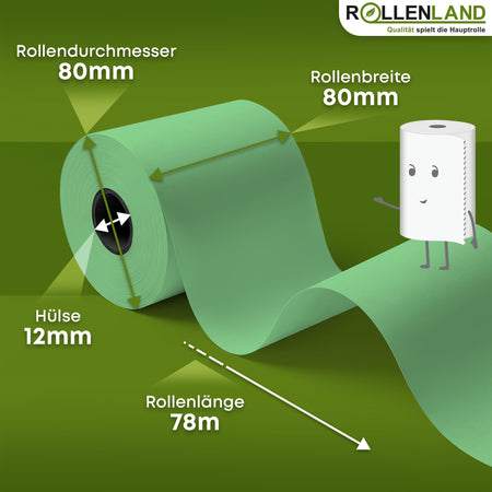 30 Gekleurde thermische rollen 80x80x12, 78 m, 55 g, zonder bisfenol-A (BPA), groen