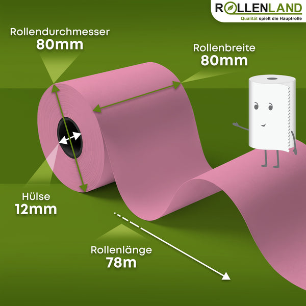 30 Gekleurde thermische rollen 80x80x12, 78 m, 55 g, zonder bisfenol-A (BPA), roze