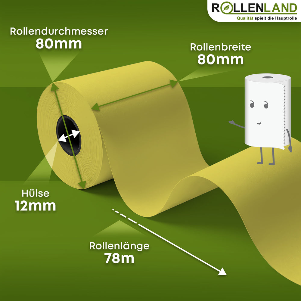30 Gekleurde thermische rollen 80x80x12, 78 m, 55 g, zonder bisfenol-A (BPA), geel,