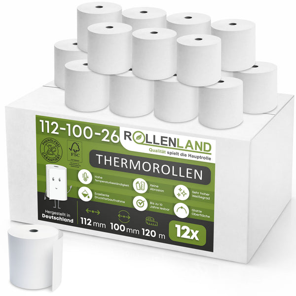12 thermische rollen 112x100x26, 120 m, zonder Bisfenol-A (BPA), 55g/m²