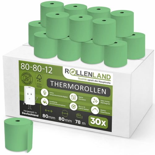 Doos met 30 Gekleurde thermische rollen 80x80x12, 78 m, 55 g, zonder bisfenol-A (BPA), groen