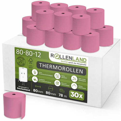 Doos met 30 Gekleurde thermische rollen 80x80x12, 78 m, 55 g, zonder bisfenol-A (BPA), roze