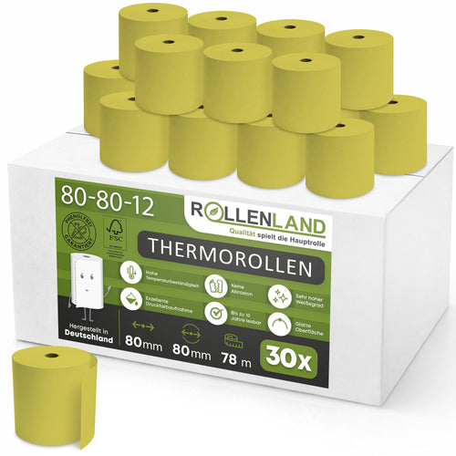Doos met 30 Gekleurde thermische rollen 80x80x12, 78 m, 55 g, zonder bisfenol-A (BPA), geel