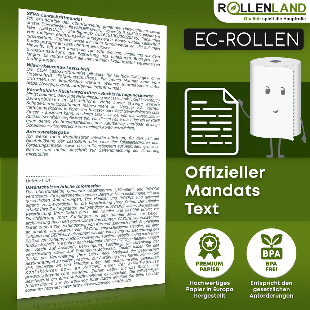 50 EG-rollen 57x40x12, 18 m zonder BPA, met PAYONE-domiciliëringsopdruk.